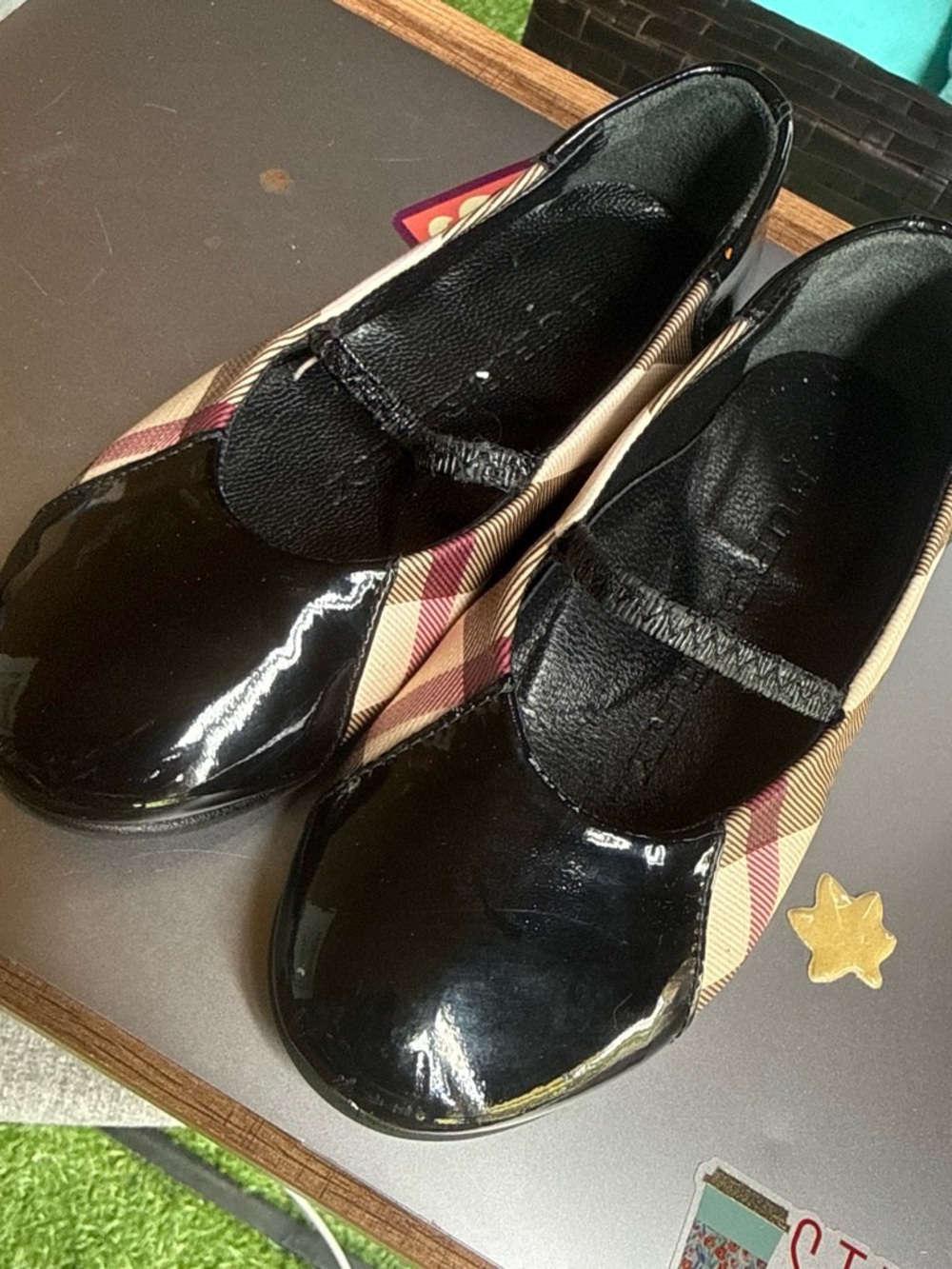 Burberry Black Patent & Beige Plaid Mary Jane Flats - Women